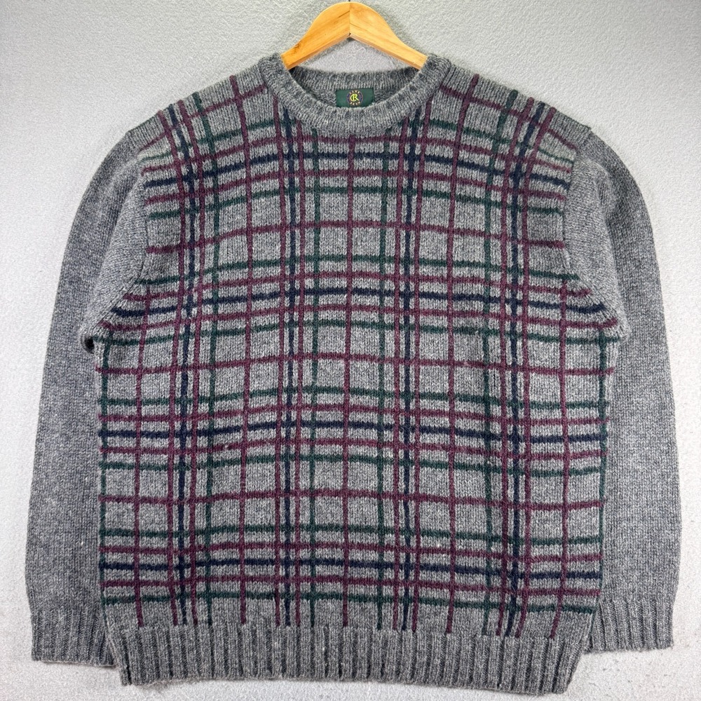 Vintage Club Room Shetland Wool Sweater Mens Large Gray Plaid Knit Comfort 90s